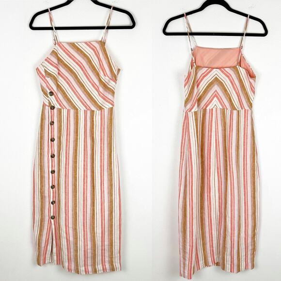 Joie Khari Striped Linen Midi Dress Island Sunset Pink Tan Summer Boho Size XS - Picture 2 of 7